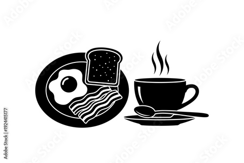 Simple black and white icon of a hearty breakfast with fried egg, bacon, toast, and coffee