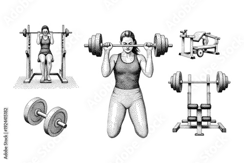 Woman performing various weightlifting exercises with barbells and dumbbells in a gym