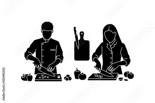 Two chefs in silhouette preparing food and chopping vegetables on cutting boards