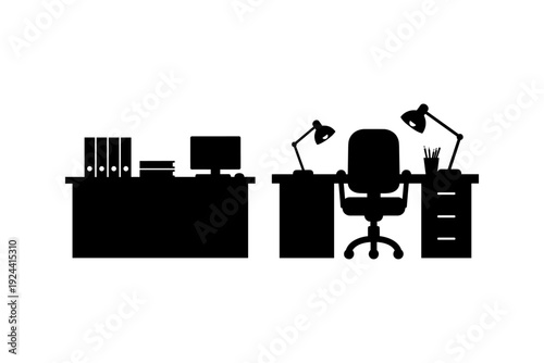 Silhouette of two office desks with computer, chair, lamps, and binders