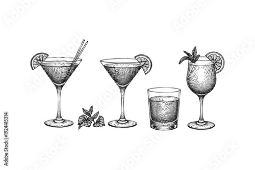 Collection of hand-drawn cocktails and drinks in various glassware with citrus garnishes