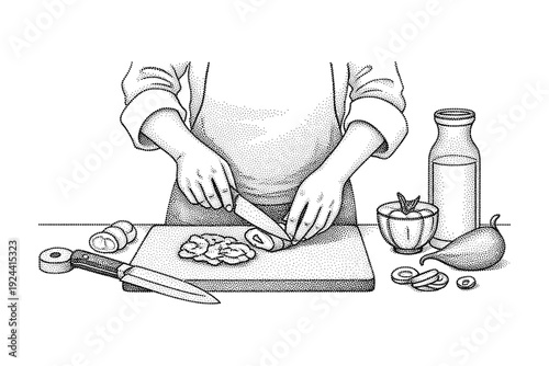 Person's hands chopping vegetables on a cutting board with a knife, preparing food