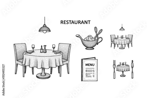 Restaurant dining scene with tables, chairs, menu, and cutlery in a stippled illustration style