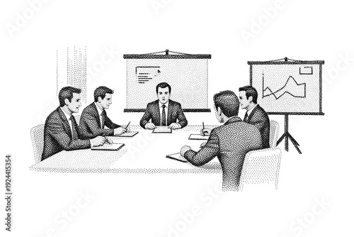 Businessmen in a meeting discussing charts and data on presentation boards