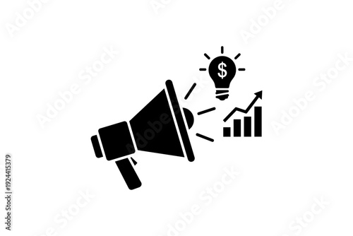 Megaphone with lightbulb and growth chart icons symbolizing marketing success and profitable ideas