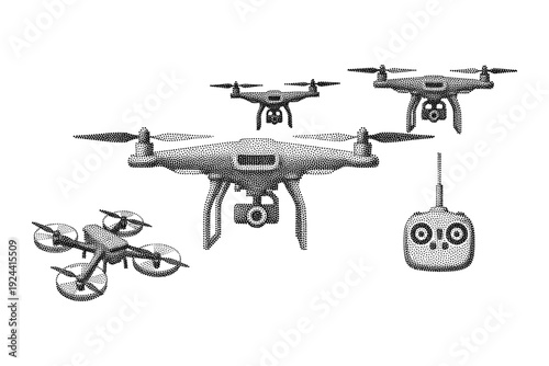 Collection of modern drones and remote controller in a stippled illustration style