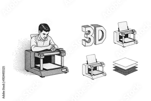 Young man observing a 3D printer in a workshop, with icons of 3D printing elements