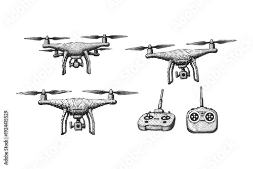 Collection of three quadcopter drones and two remote controllers in a stippled illustration style