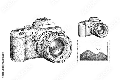 Stippled illustration of a DSLR camera and a small landscape image icon on a white background