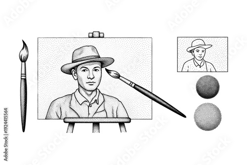 Artist in hat painting self-portrait with brushes and spheres in stippling style