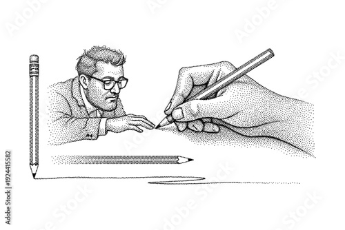 Man in glasses intently drawing with a large pencil held by a giant hand