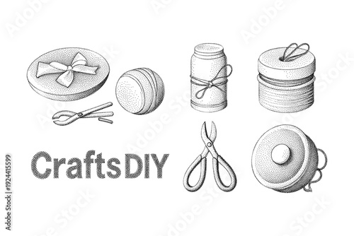 Crafts and DIY supplies including scissors, pliers, ribbon, and containers for crafting projects