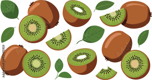 Fresh kiwi fruits whole and sliced with green leaves on light background, healthy food concept