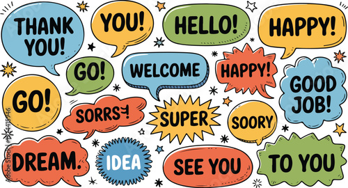 Collection of colorful speech bubbles with positive messages and greetings