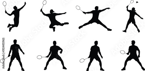 Badminton players in action jumping serving hitting shuttlecock sports silhouette