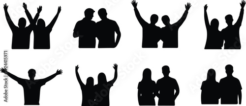People celebrating raising hands joy victory friends family crowd group silhouette