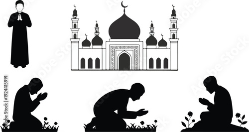 Man praying at mosque Muslim prayer meditation spiritual worship silhouette