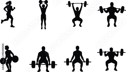 Fitness and workout icons showing people lifting weights running and performing strength exercises in silhouette
