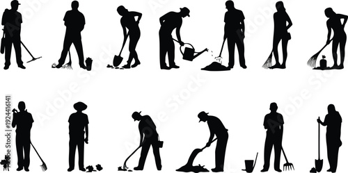 Gardeners working in silhouette, planting and watering plants, preparing soil