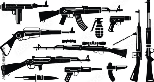 Collection of diverse black weapon silhouettes: firearms, grenades, and knife on white background