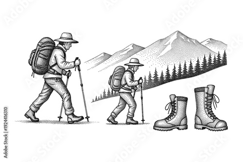 Two hikers with backpacks and trekking poles walk through a mountainous landscape with boots
