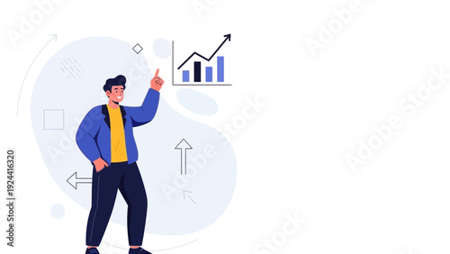 Man pointing at upward trending business graph, showing growth and success