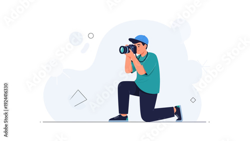 Man Photographer Kneeling Taking Photo with DSLR Camera, Creative Hobby