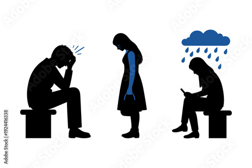 Silhouettes of people experiencing sadness, loneliness, and mental health struggles