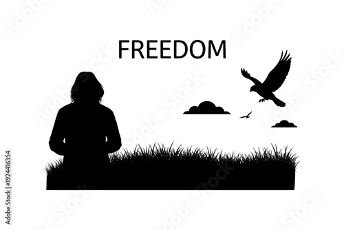 Silhouette of a person looking at a bird flying freely in the sky above grass