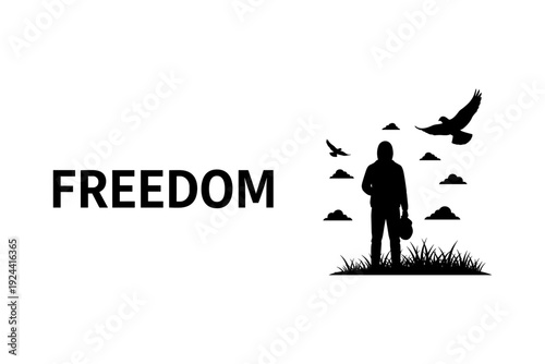 Silhouette of a person standing in grass with birds flying above, symbolizing freedom