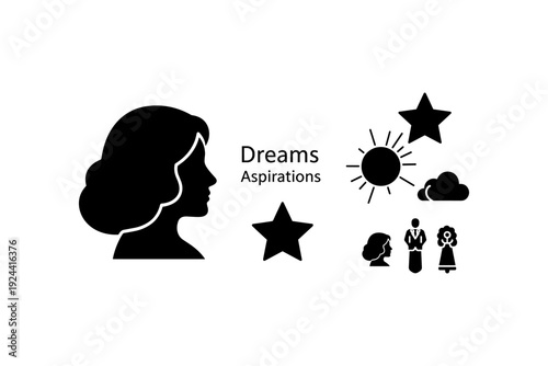 Silhouette of a woman's profile with symbols of dreams and aspirations