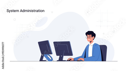 IT Specialist Working on Computers - System Administration Concept
