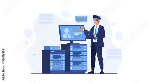 IT Support Specialist with Headset and Laptop near Server Racks