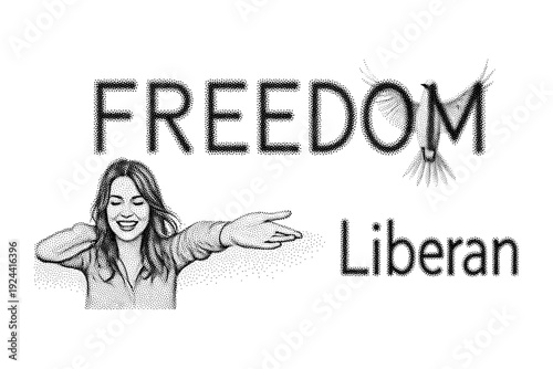 Woman embracing freedom with open arms and a bird soaring above the word freedom