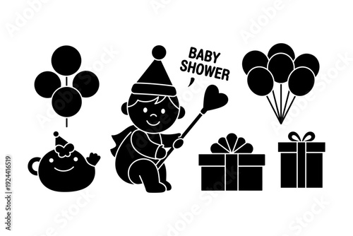 Cute baby shower icons with balloons, gifts, and a baby character celebrating