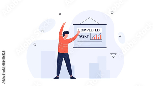 Man celebrating completed task with presentation graph, successful project completion