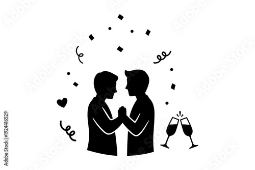 Gay couple holding hands and toasting with champagne glasses surrounded by confetti