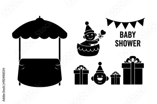Baby shower celebration icons with gifts, bunting, and a cute baby in a tub