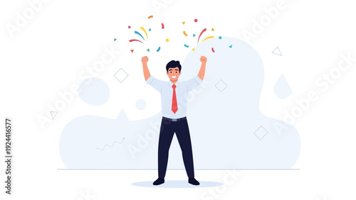 Man celebrating success with confetti and uplifted arms, flat design