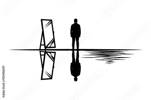 Silhouette of a man standing in front of a mirror with his reflection in water