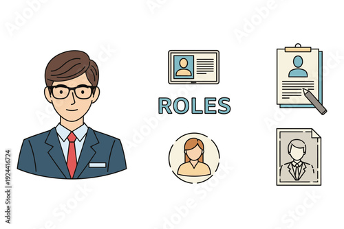 Business professional with icons representing job roles, resumes, and identification cards