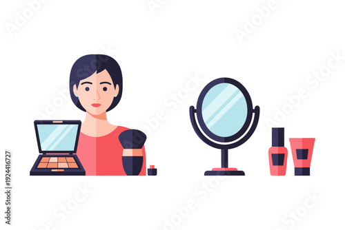 Woman applying makeup with brush and palette, mirror and beauty products nearby