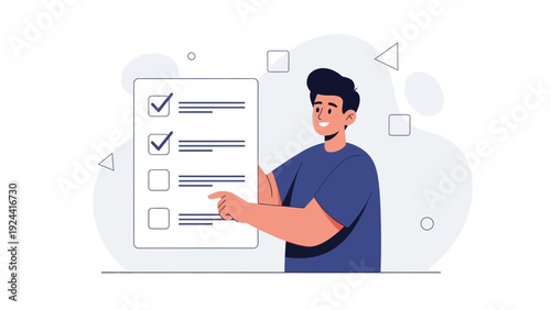 Man checking tasks on a to-do list with checkboxes, task completion concept