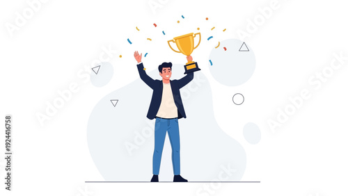 Man holding a trophy with confetti raining down, celebrating achievement