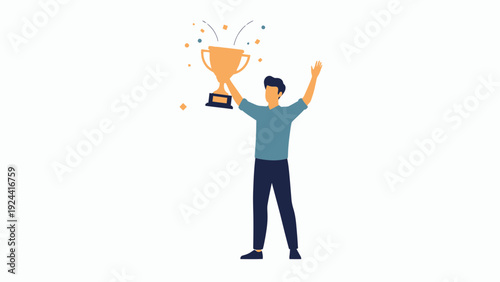 Man holding a golden trophy celebrating victory, achievement, and success
