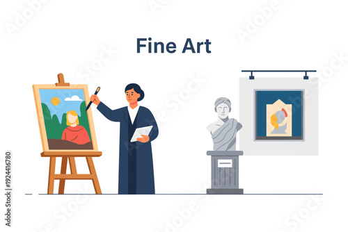 Artist painting a landscape on an easel in a gallery with a sculpture and artwork