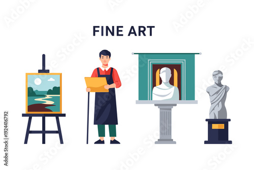 Artist and classical sculptures displayed in a museum exhibition hall