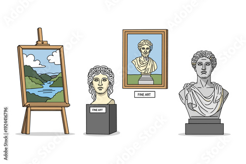 Art gallery display featuring classical sculptures and a landscape painting on an easel