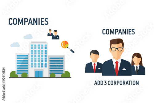 Business growth and analysis concept with corporate buildings and team members