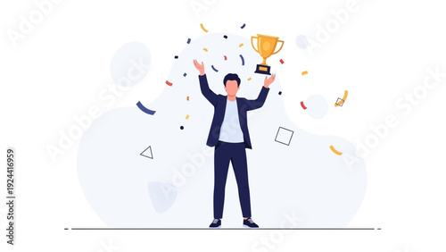 Man holding trophy with confetti, celebrating victory and success